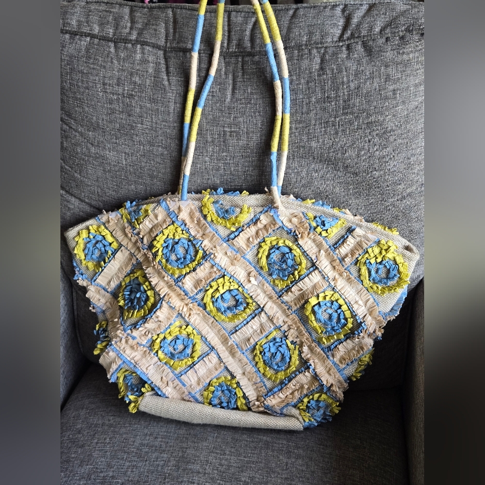 Viral Handcrafted In India Jute And Cotton Patch Work Tote Bag Blue Yellow